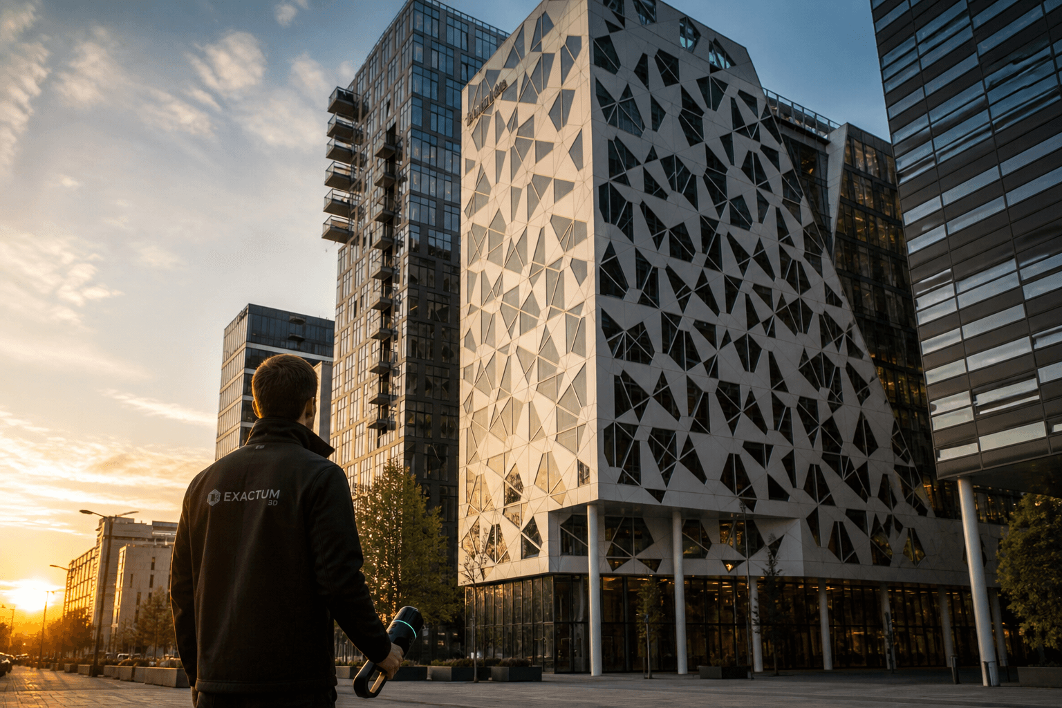 Man holding a 3D scanner faces a modern building with geometric patterns at sunset.