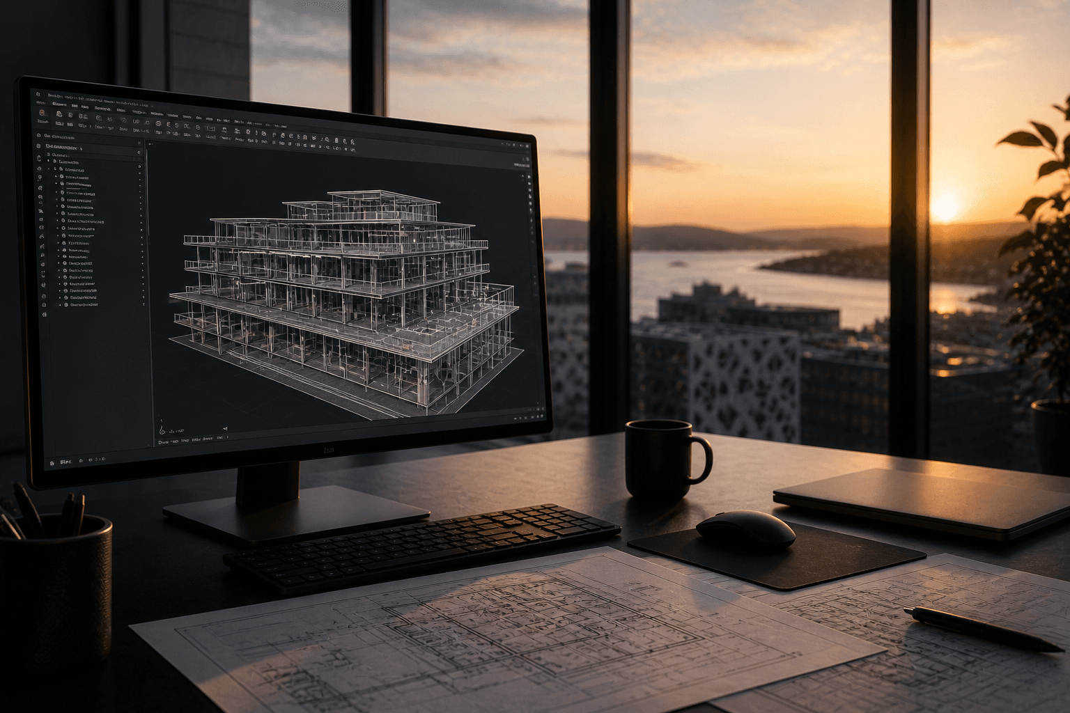 Architectural wireframe on a computer monitor in a modern office overlooking a golden sunset.