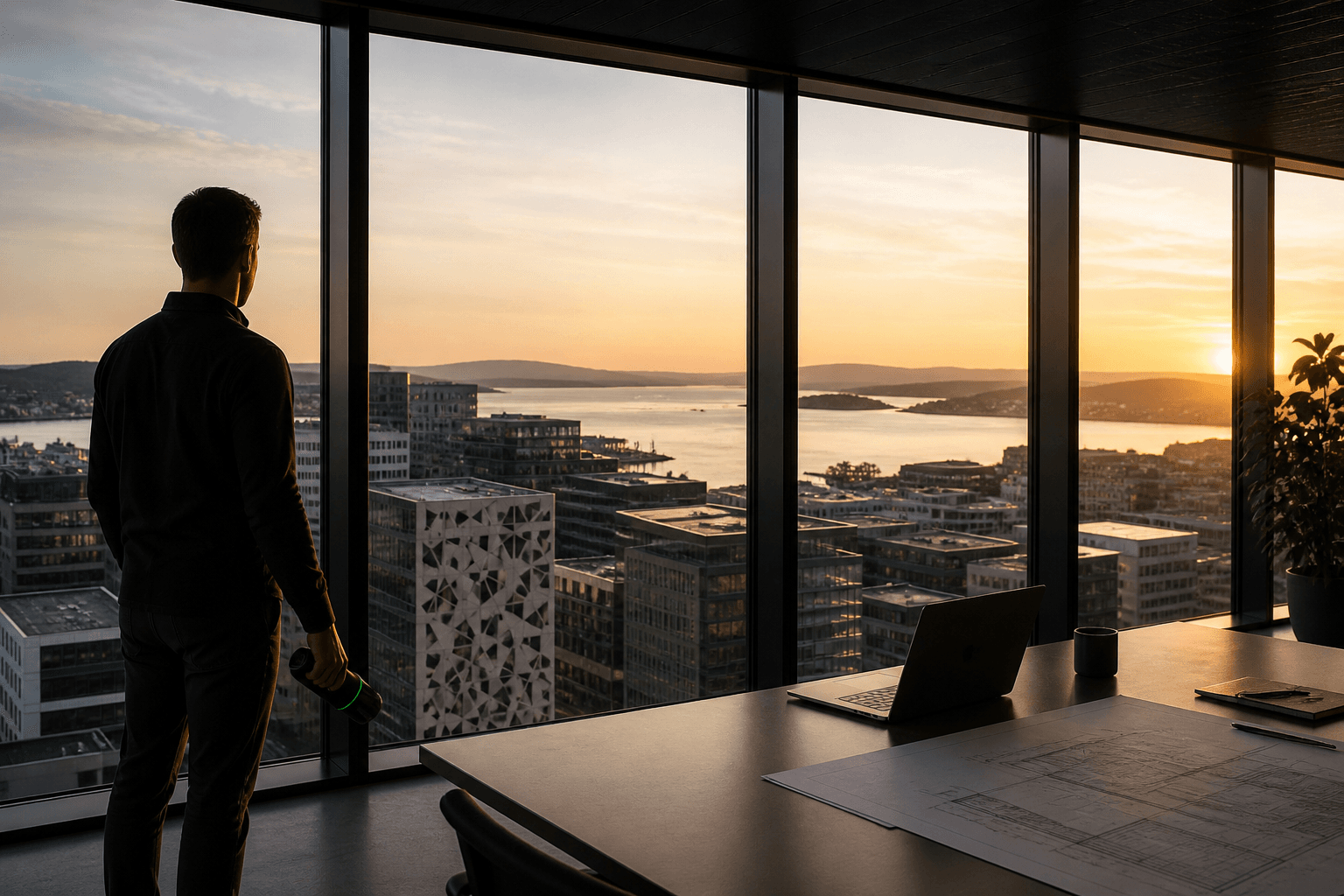 Silhouette of a man overlooking a coastal city from a high-rise office at sunset.